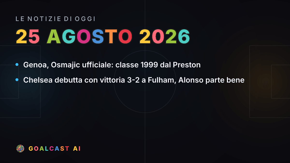 Le notizie di calcio del martedì 25 agosto 2026 in pillole