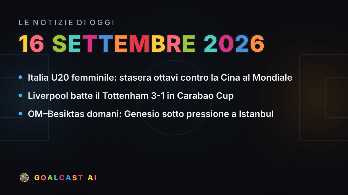 Le notizie di calcio del mercoledì 16 settembre 2026 in pillole